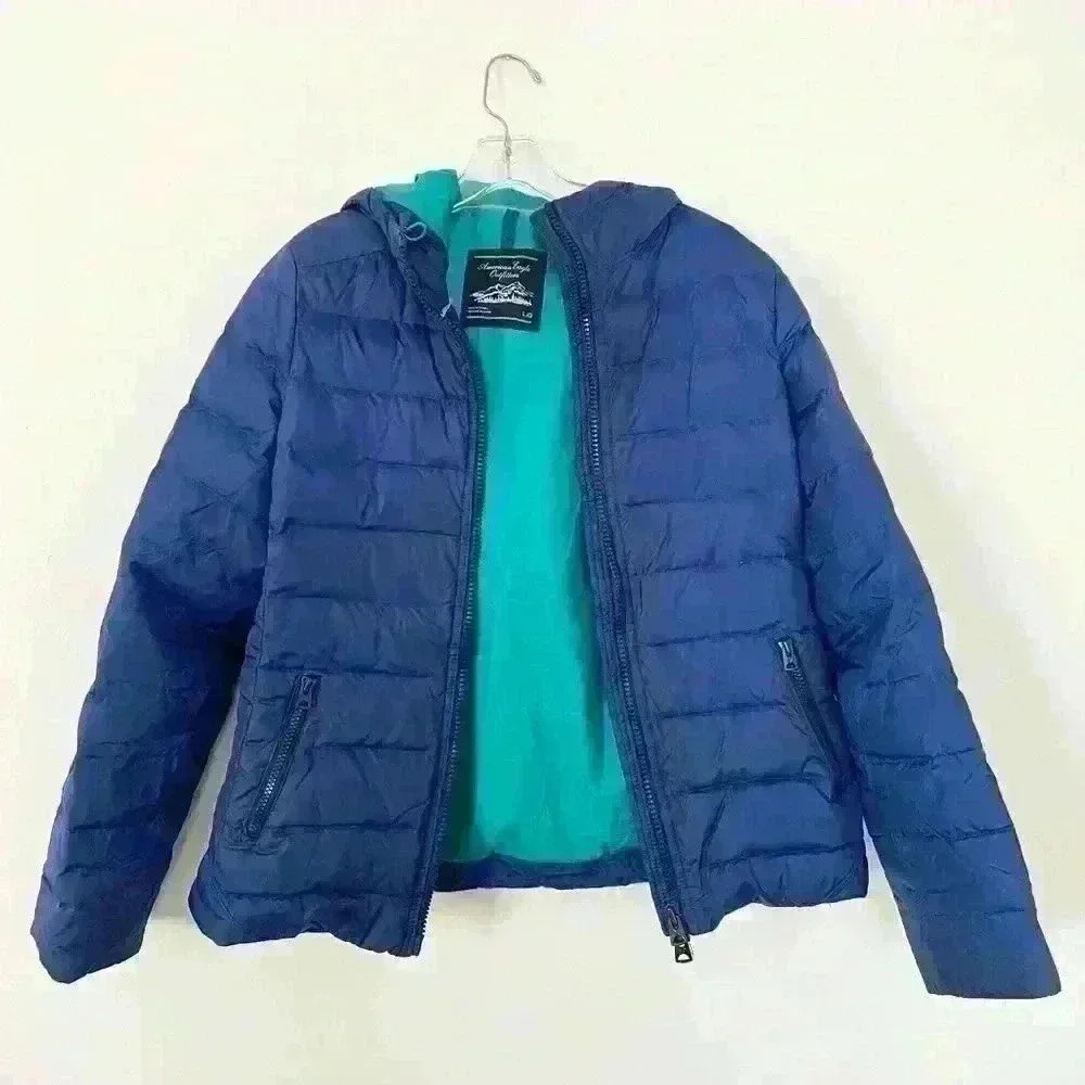 American Eagle Down Puffer Jacket Blue Size Medium Warm Lightweight